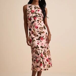 Florina Blush Floral Velvet Floral Burnout Cowl Back Midi Dress